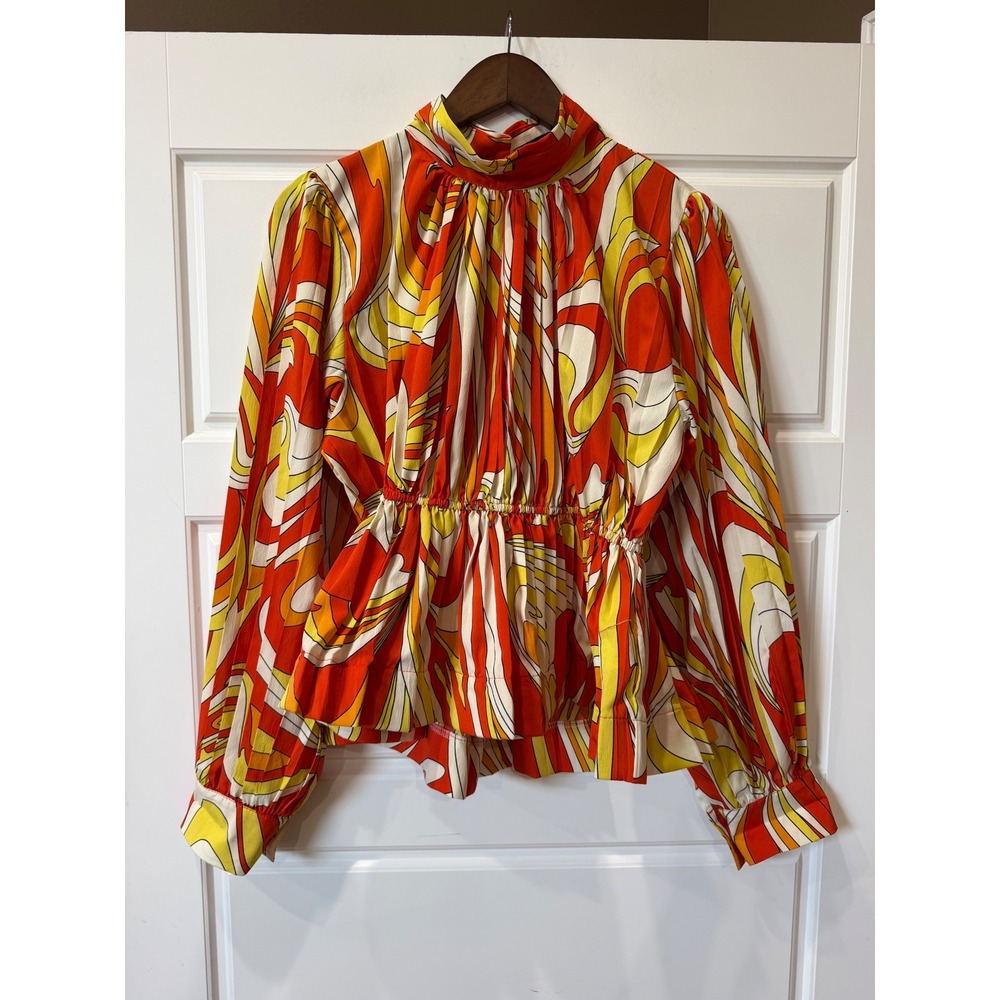 Beulah Style Orange Psychedelic Print Peplum Blouse S/M 70s Mod Retro